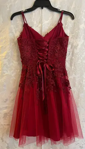 JJ's House Burgundy Homecoming Dress Fit And Flare Satin And Tulle With Appliqué Flowers GORGEOUS! Size 0
