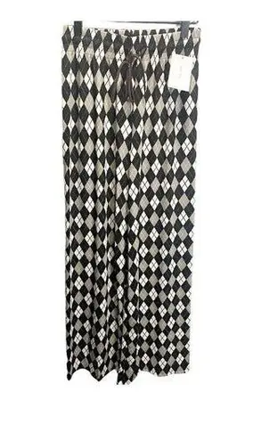 Nunu Yong Brown Argyle Plaid Lounge Pants S Wide Leg Drawstring Casual Stretch