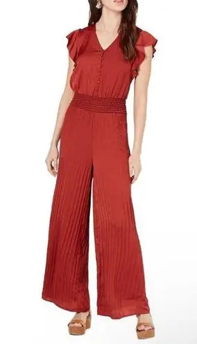Current Air Smocked Pleated Jumpsuit Satin Women V-Neck Orange Rust Cap Sleeve