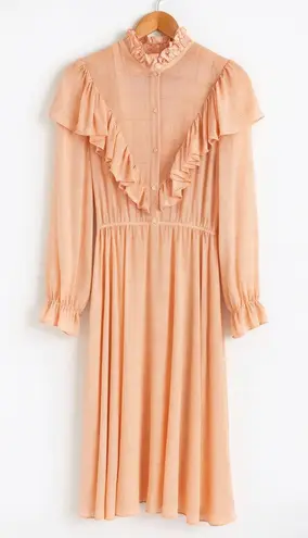 Vintage Miss Ashlee sz S Womens Blush Chiffon Ruffle Midi Dress Prairie Cottage Pink