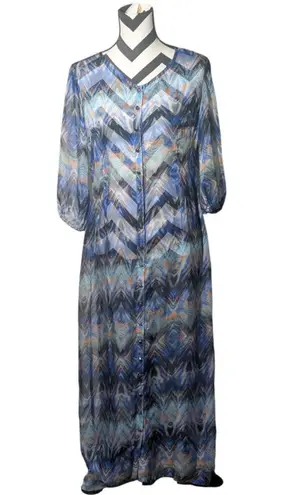 Mossée Australia Blue Geometric Print Sheer Button Front Maxi Dress Size 8