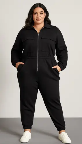 Eloquii New! black fleece zipped front elastic waist jumpsuit, size 18