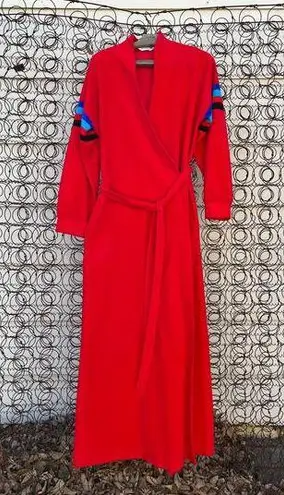 Vanity Fair red blue fleece velvet color block long bathrobe house coat SMALLa