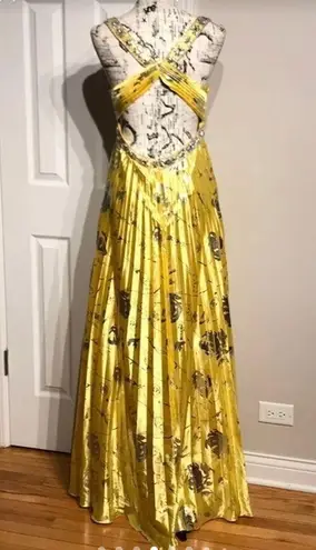 Embellished Formal Evening Prom Gown Crisscross Straps Open Back Metallic Yellow