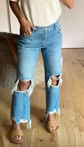 Free People  Maggie Straight Leg Mid Rise Distressed Denim Jeans in Blue US 28