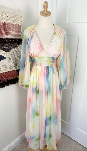 Massimo Dutti Studio Balloon Sleeve V-Neck Watercolor Maxi Dress Size XS NWT