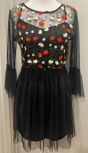 Takara Black Mesh Overlay Red Floral Embroidered Knee-Length Short Tulle Dress