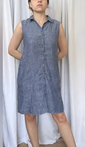 Adrienne Vittadini Chambray Linen Button-Down Sleeveless Dress - Blue - S