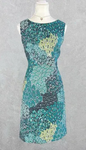 Connected Apparel Peacock Print Sleeveless Sheath Dress Size 10