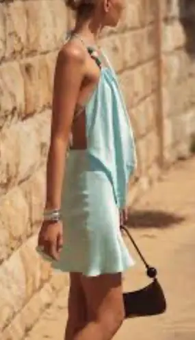 SNDYS Rosita Halter Mini Dress in Fresh Mint With Stone Bead Straps NEW Blue Size M