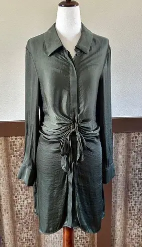 Steve Madden  Tie Curious Long Sleeve Tie-Front Satin Shirt Dress Green Small NEW