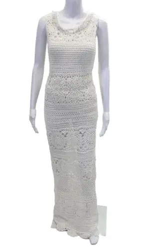 Elie Tahari NWT Vara Crochet Knit Maxi in Antique White Lace-up Back Dress S
