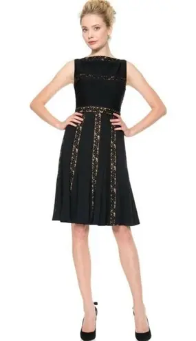 Tadashi Shoji Black Pintuck Jersey and Lace Dress