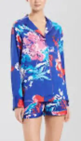 Natori Satin Blue Floral Tsubaki Knotch Long Sleeve Pajamas Shorts Set Medium