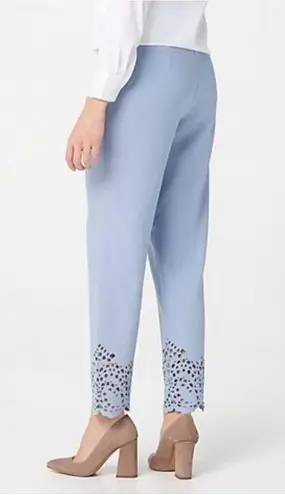 Dennis Basso Cloudy Blue Luxe Crepe Laser-Cut Ankle Pants Size Large Petite