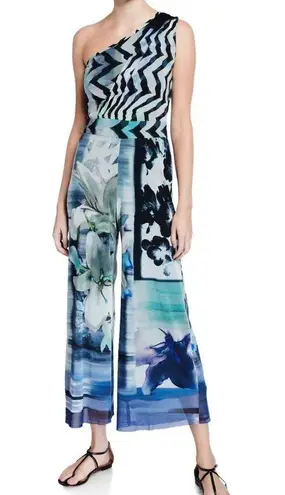 Fuzzi Floral One Shoulder Mesh Jumpsuit Size Small Blue Stretch Cropped Wide Leg