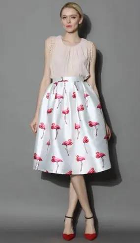 Chicwish Chic Flamingos Pleated A-line Skirt Size Medium Satiny Novelty Print