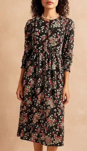 Downeast Womens Black Velvet Floral Long Sleeve Button Midi Dress sz S Cottage