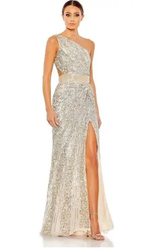 Mac Duggal 5687 SEQUINED ONE SHOULDER DRAPED LACE UP GOWN NWT Nude Silver 4