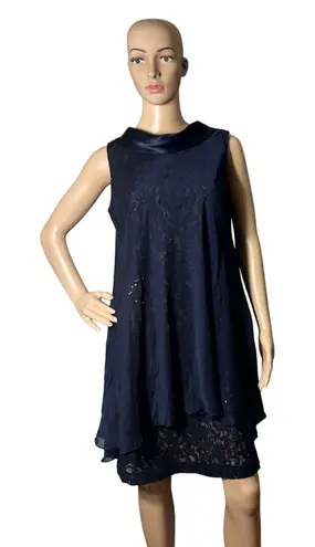 Slny Dress Womens 12 Navy Sleeveless Layered Lace W/ Satin Collar Back Zip