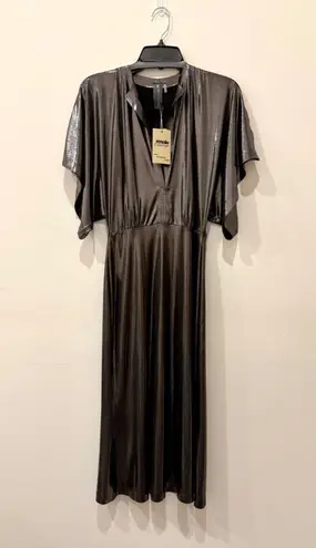 Norma Kamali Obie Split-Neck Lamé Midcalf Dress Metallic Bronze Womens Sze Small