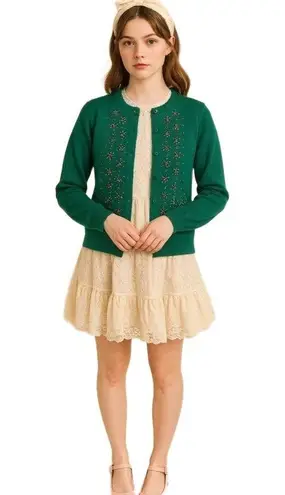 Norm Thompson Turquoise Floral Embroidered Button Down Cardigan XL Green