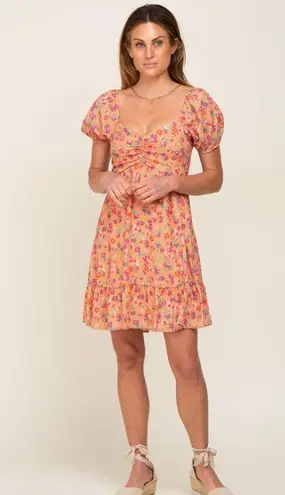 Peach Love California Orange Floral Sweetheart Ruched Front Dress Size Small