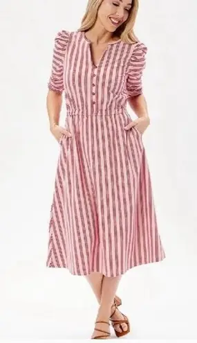 Matilda Jane Women's Size Small Red Stripe Puff Sleeve Pocket Midi Dress Cinch