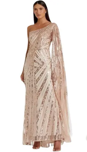 Mac Duggal NWOT Rose Gold One Shoulder Cape Sleeve Embellished Gown Sz 16 #20528