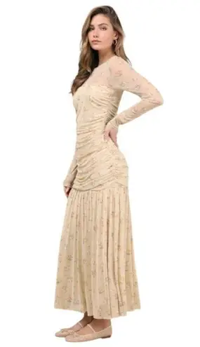 Lulus Beige Floral Mesh Maxi Cocktail Dress NWOT Size Medium Wedding Guest Dress Green