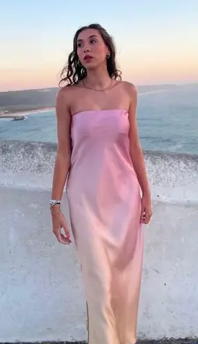 ZARA  midi dress maxi tie dye pink beige satin strapless wedding shower date