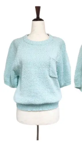 VINTAGE 80s Short Sleeve Crewneck Sweater Pullover Light Green Blue Size Large