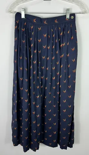 Vtg 80s Skirt S Navy Novelty Bird Preppy Cottagecore Teacher Retro Academia Blue
