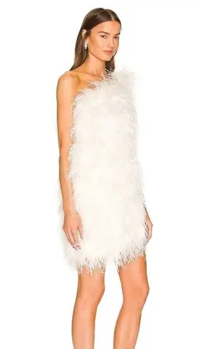 The Bar  Andre Dress in Blanc White Size 2 Feathers One Shoulder Mini