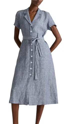 Quince European Linen Button Front Midi Dress Blue Chambray Stripe Women’s Small
