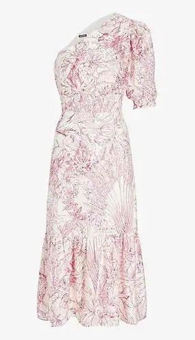 EXPRESS Printed One Shoulder Puff Sleeve Ruffle Hem Midi Dress