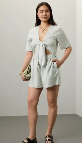 THAKOON x RTR Mint Tie Waist Linen Blend Plunge Neck Romper Size 2 Green