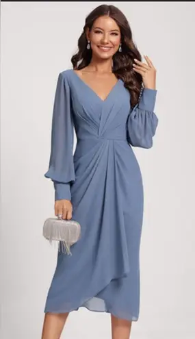JJ's House Sheath/Column V-Neck Tea-Length Chiffon Cocktail Dress With Cascading Ruffles