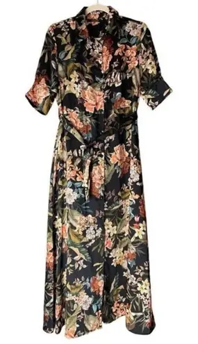 T3 TRY ME Floral Print Maxi Shirt Dress Black Pink Orange Green Belted Size S