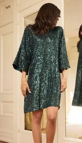 Jude Connally Delia Sequins Dress Palace Green Bell Sleeves Shift Size Small New