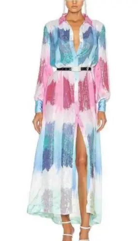 Retrofête Pastel Rainbow Sequin Dessa Maxi Dress XS Long Sleeve Button Front Blue