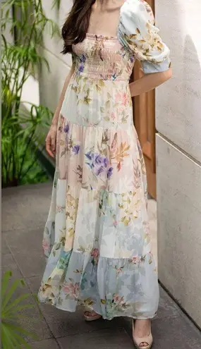 Yumi Kim Zofia Maxi Dress size XL nuuly floral cap sleeve square neck tiered