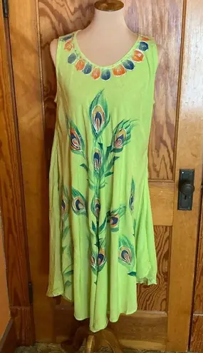 Vtg Y2K embroidered peacock feathers summer dress Green Size L
