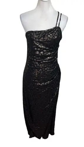 IRO Bexly Leopard Metallic Asymmetrical Midi Dress One Shoulder Black FR42 US10