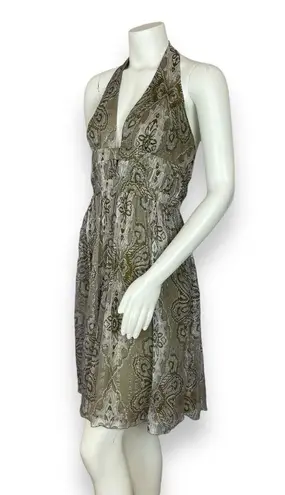 ABS Allen Schwartz A.B.S. Allen Schwartz Silk Dress Halter Deep V-Neck Cut-Out Metallic Thread Sz 8
