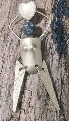 Lena Pin Brooch Woman Heart Tribal Design Vintage Handmade Brass Figurine Signed Gold