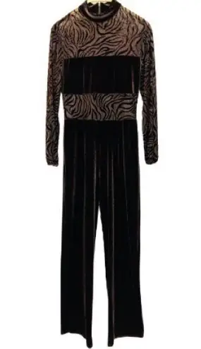 Vintage! Velvet Brown Sheer Zebra Stripe Print Bandeau Long Sleeves Jumpsuit