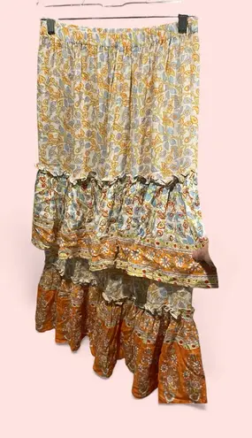 Cute tiered ruffle midi metallic thread boho floral pull on skirt festival fairy Orange Size XS