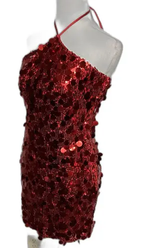 Red Sequin Mini Dress M Cocktail Party Zip Side Stretchy Chic Glam Club Festive Size M
