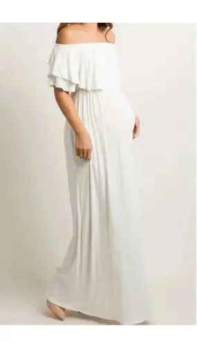 Pinkblush Cream Off The Shoulder Ruffle Maxi Dress